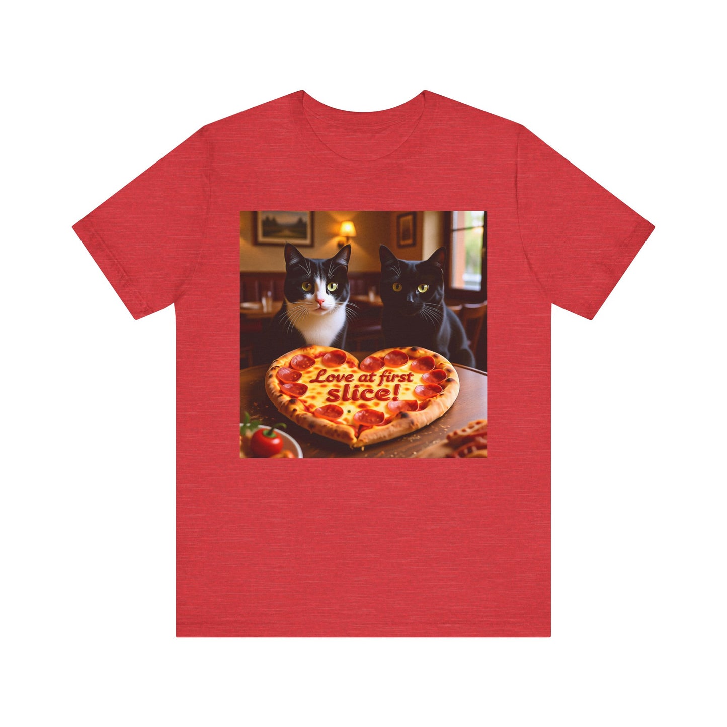 Love At First Slice Cat Pizza Date T-Shirt - Unisex Jersey Short Sleeve Tee - Funny Cat Lover Graphic Shirt