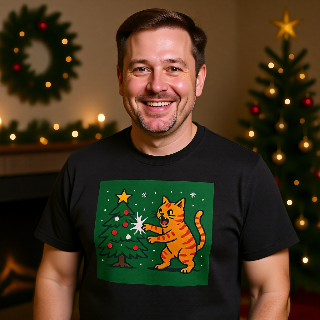 Cat Attacking a Christmas Tree Unisex Jersey Short Sleeve Tee – Playful Design for Festive Style