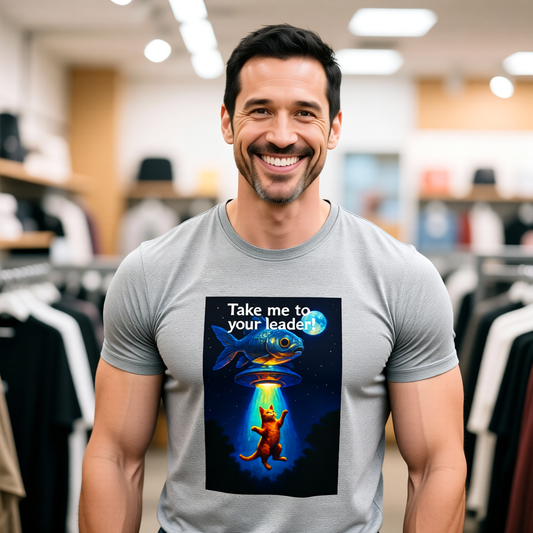 Take Me To Your Leader T-Shirt - Unisex Jersey Short Sleeve Tee - Cosmic Cat Graphic Shirt