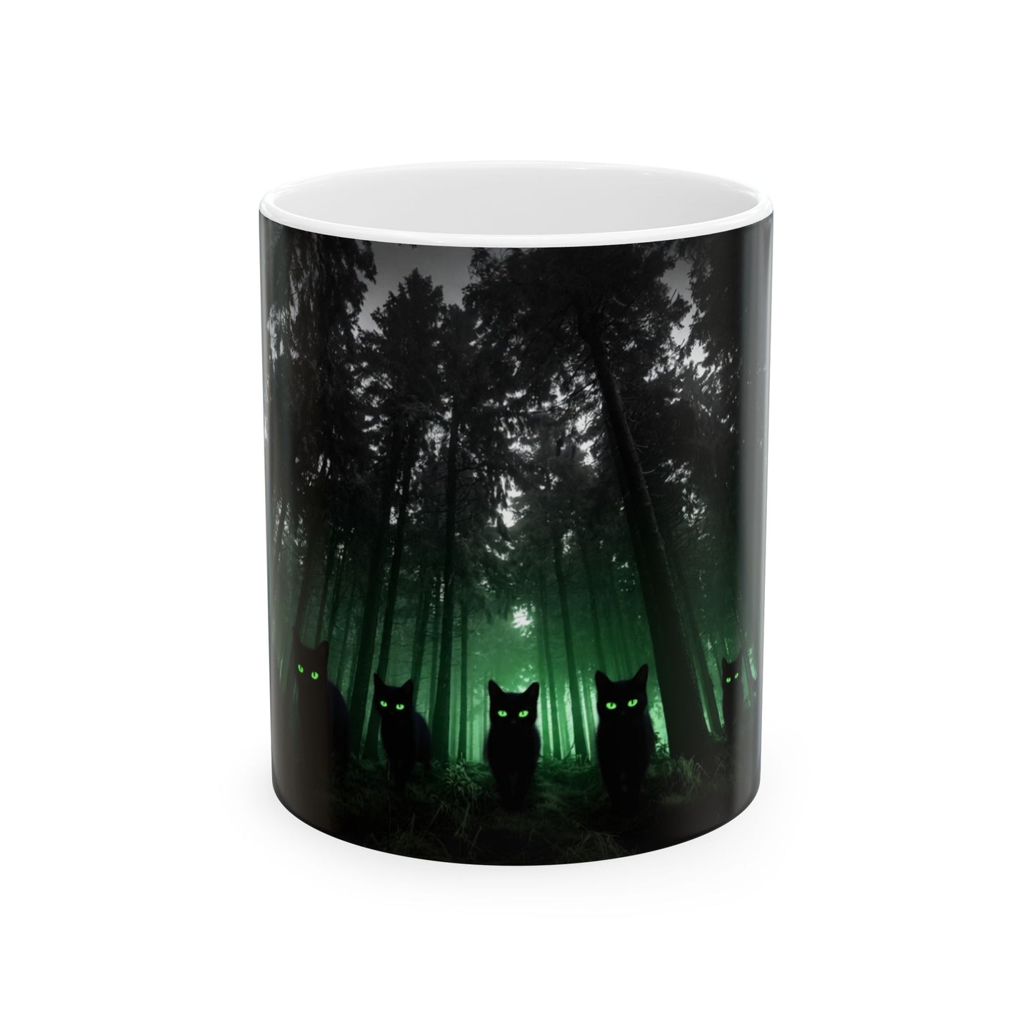 Group of Cats Walking Through the Woods Accent Coffee Mug (11oz, 15oz) – White Ceramic with Colored Interior & Handle | Glossy Finish & Lead/BPA-Free