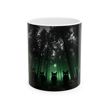 Group of Cats Walking Through the Woods Accent Coffee Mug (11oz, 15oz) – White Ceramic with Colored Interior & Handle | Glossy Finish & Lead/BPA-Free