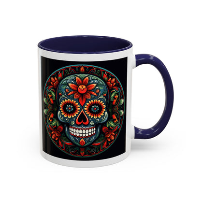 Day of the Dead Mandala Ceramic Coffee Mug (11oz, 15oz) – White Ceramic with Colored Interior & Handle | Glossy Finish & Lead/BPA-Free