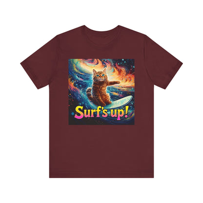 Surf's Up Cat Surfboard T-Shirt - Unisex Jersey Short Sleeve Tee - Funny Surfing Cat Graphic Shirt