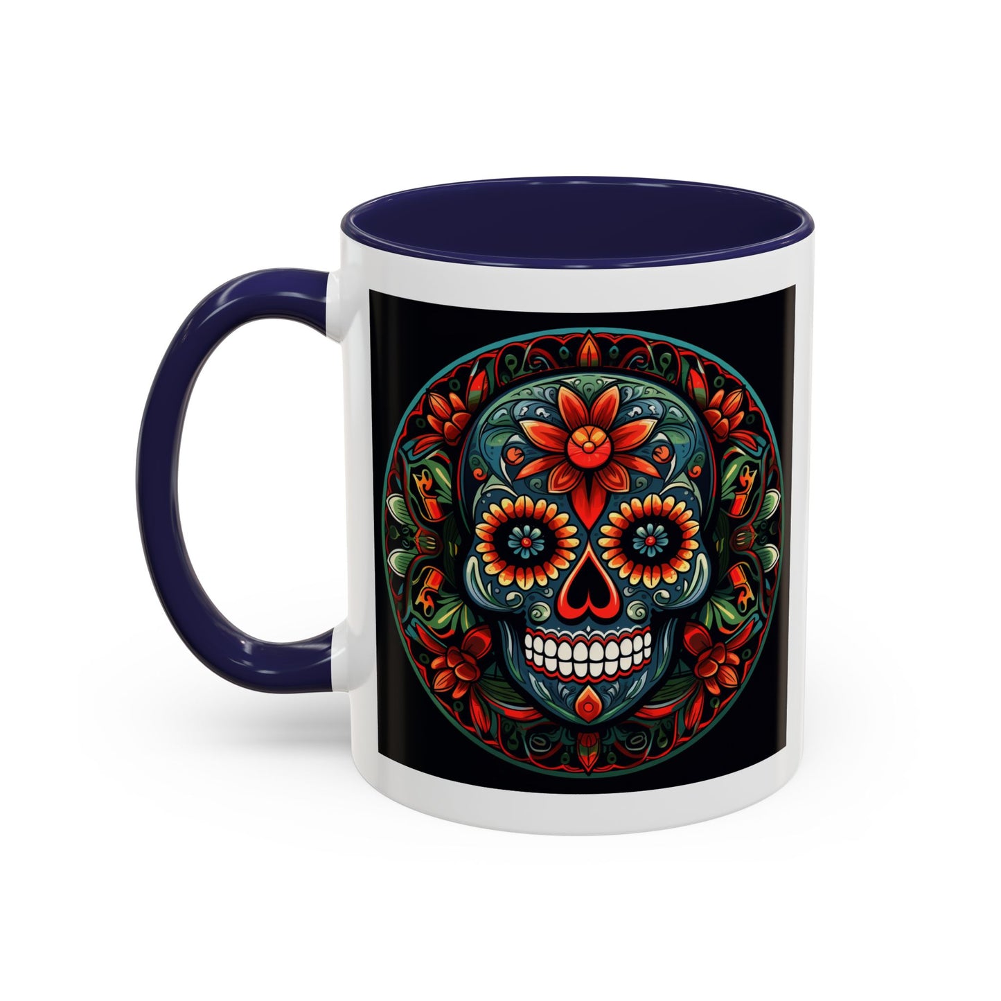 Day of the Dead Mandala Ceramic Coffee Mug (11oz, 15oz) – White Ceramic with Colored Interior & Handle | Glossy Finish & Lead/BPA-Free