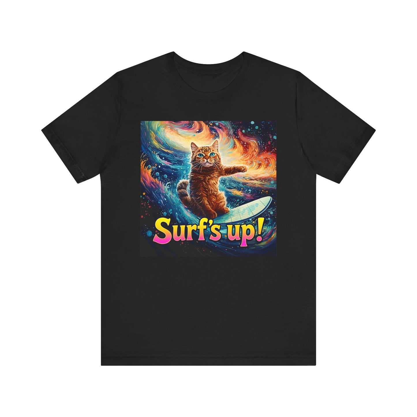 Surf's Up Cat Surfboard T-Shirt - Unisex Jersey Short Sleeve Tee - Funny Surfing Cat Graphic Shirt
