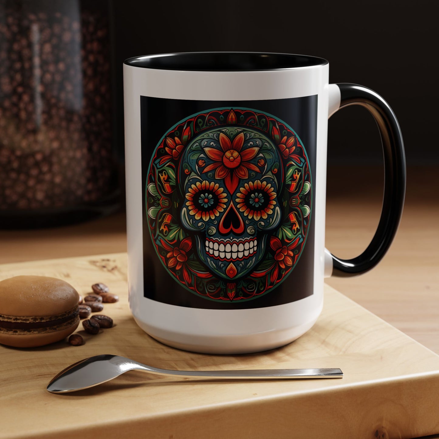 Day of the Dead Mandala Ceramic Coffee Mug (11oz, 15oz) – White Ceramic with Colored Interior & Handle | Glossy Finish & Lead/BPA-Free