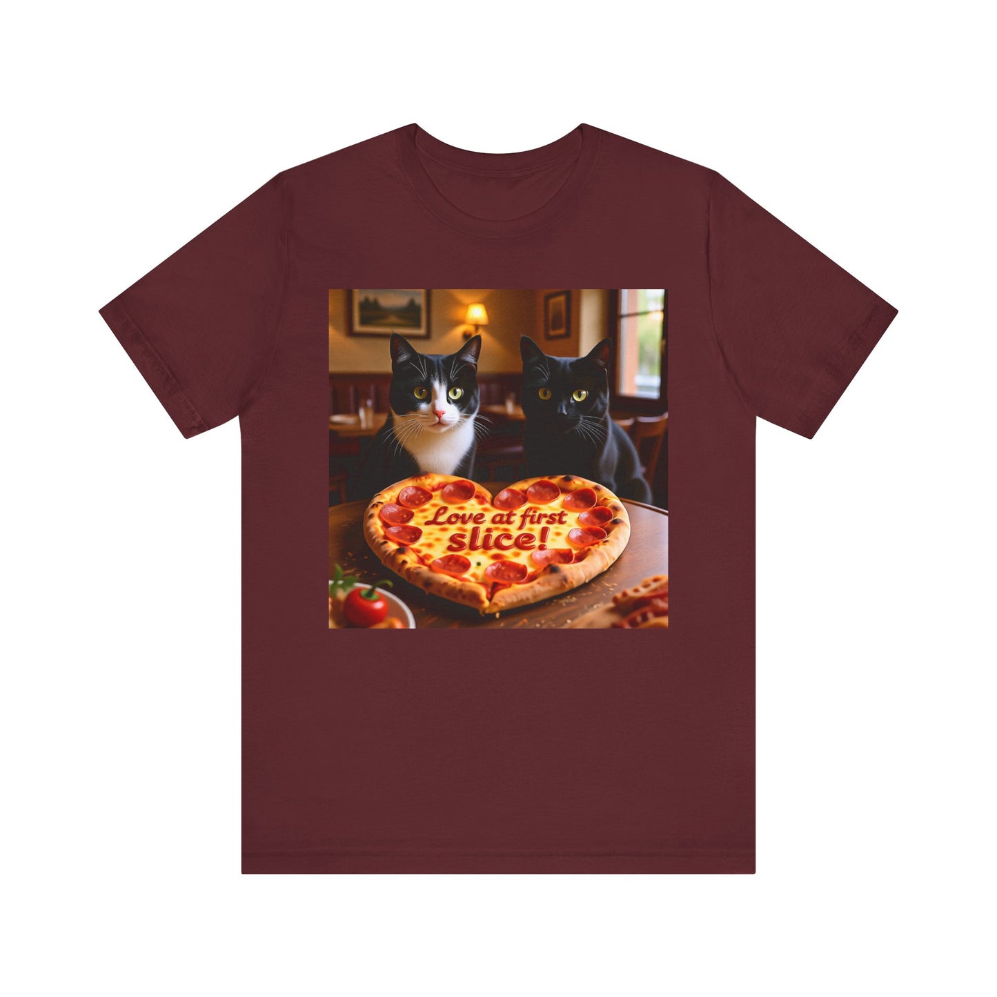 Love At First Slice Cat Pizza Date T-Shirt - Unisex Jersey Short Sleeve Tee - Funny Cat Lover Graphic Shirt