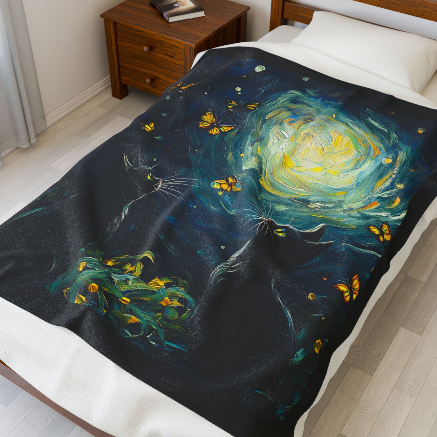 Two Cats Staring at a Starry Sky Velveteen Plush Blanket – Cozy Design for a Warm Atmosphere