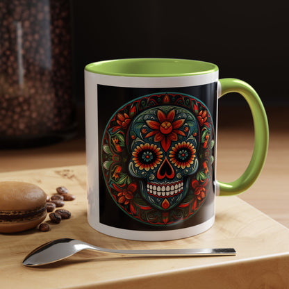 Day of the Dead Mandala Ceramic Coffee Mug (11oz, 15oz) – White Ceramic with Colored Interior & Handle | Glossy Finish & Lead/BPA-Free