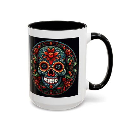 Day of the Dead Mandala Ceramic Coffee Mug (11oz, 15oz) – White Ceramic with Colored Interior & Handle | Glossy Finish & Lead/BPA-Free