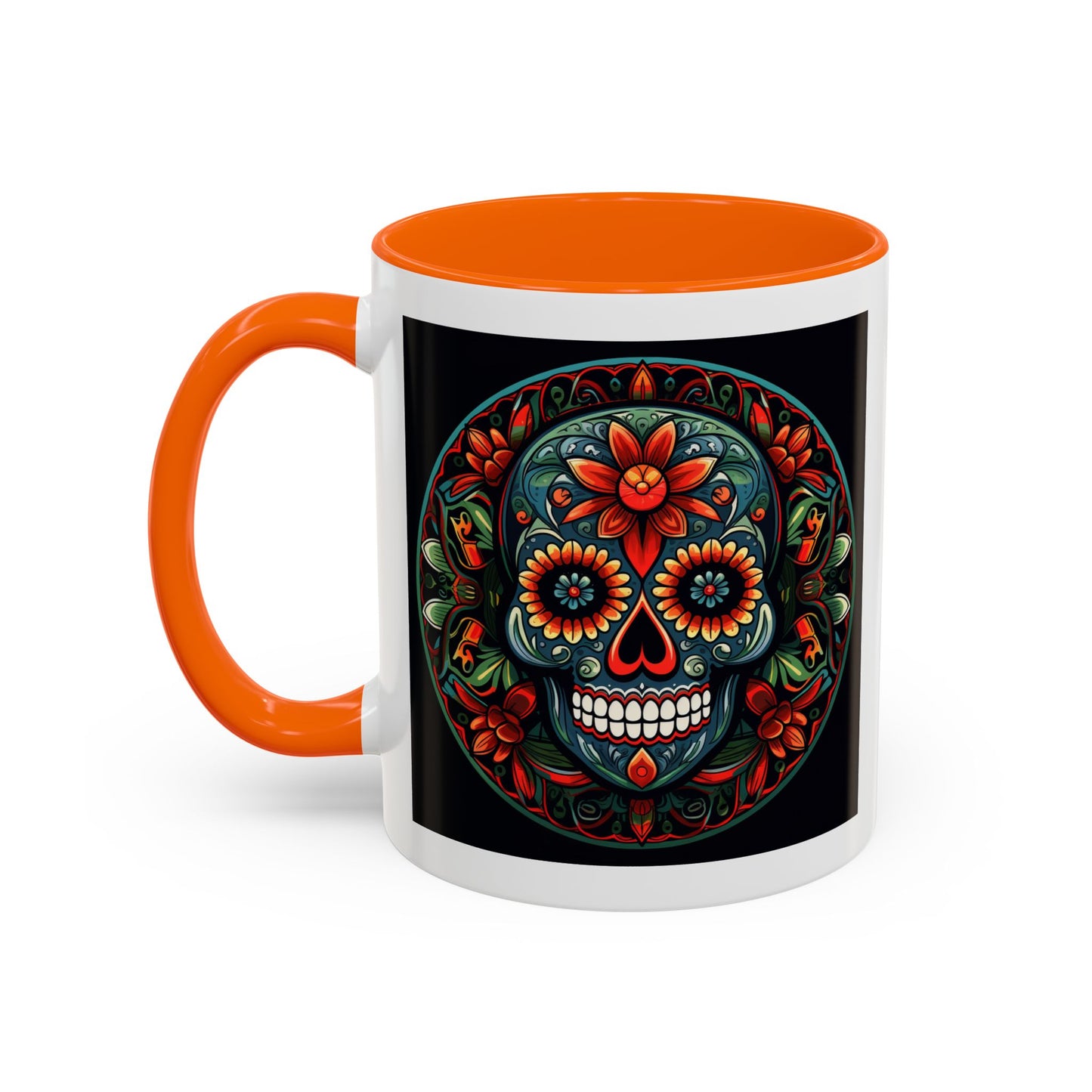 Day of the Dead Mandala Ceramic Coffee Mug (11oz, 15oz) – White Ceramic with Colored Interior & Handle | Glossy Finish & Lead/BPA-Free