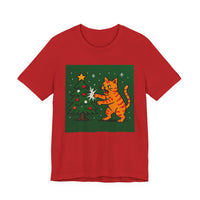 Cat Attacking a Christmas Tree Unisex Jersey Short Sleeve Tee – Playful Design for Festive Style