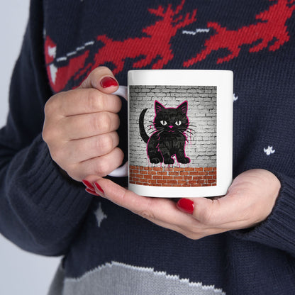 Black Cat Graffiti on Brick Wall Ceramic Mug - 11oz & 15oz | Custom Design Coffee Mug
