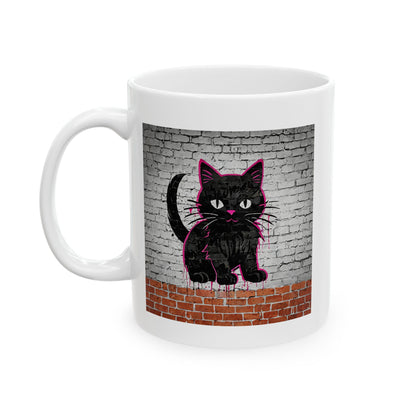 Black Cat Graffiti on Brick Wall Ceramic Mug - 11oz & 15oz | Custom Design Coffee Mug