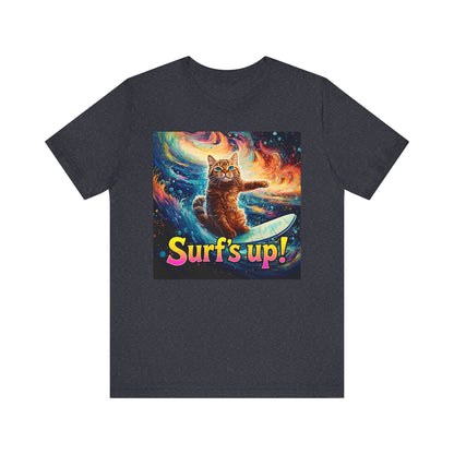 Surf's Up Cat Surfboard T-Shirt - Unisex Jersey Short Sleeve Tee - Funny Surfing Cat Graphic Shirt