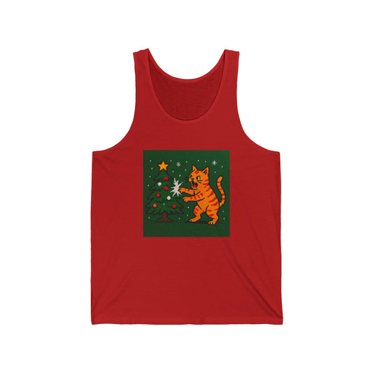 Cat Attacking Xmas Tree Unisex Jersey Tank – Playful Design for Festive Style