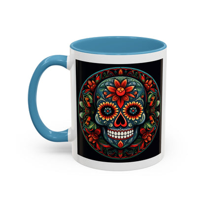 Day of the Dead Mandala Ceramic Coffee Mug (11oz, 15oz) – White Ceramic with Colored Interior & Handle | Glossy Finish & Lead/BPA-Free