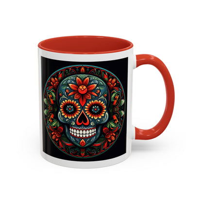 Day of the Dead Mandala Ceramic Coffee Mug (11oz, 15oz) – White Ceramic with Colored Interior & Handle | Glossy Finish & Lead/BPA-Free