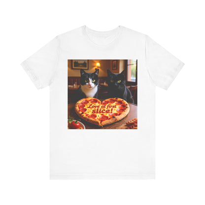 Love At First Slice Cat Pizza Date T-Shirt - Unisex Jersey Short Sleeve Tee - Funny Cat Lover Graphic Shirt