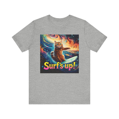 Surf's Up Cat Surfboard T-Shirt - Unisex Jersey Short Sleeve Tee - Funny Surfing Cat Graphic Shirt