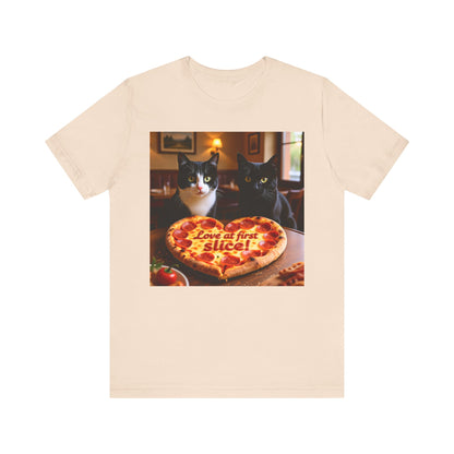 Love At First Slice Cat Pizza Date T-Shirt - Unisex Jersey Short Sleeve Tee - Funny Cat Lover Graphic Shirt