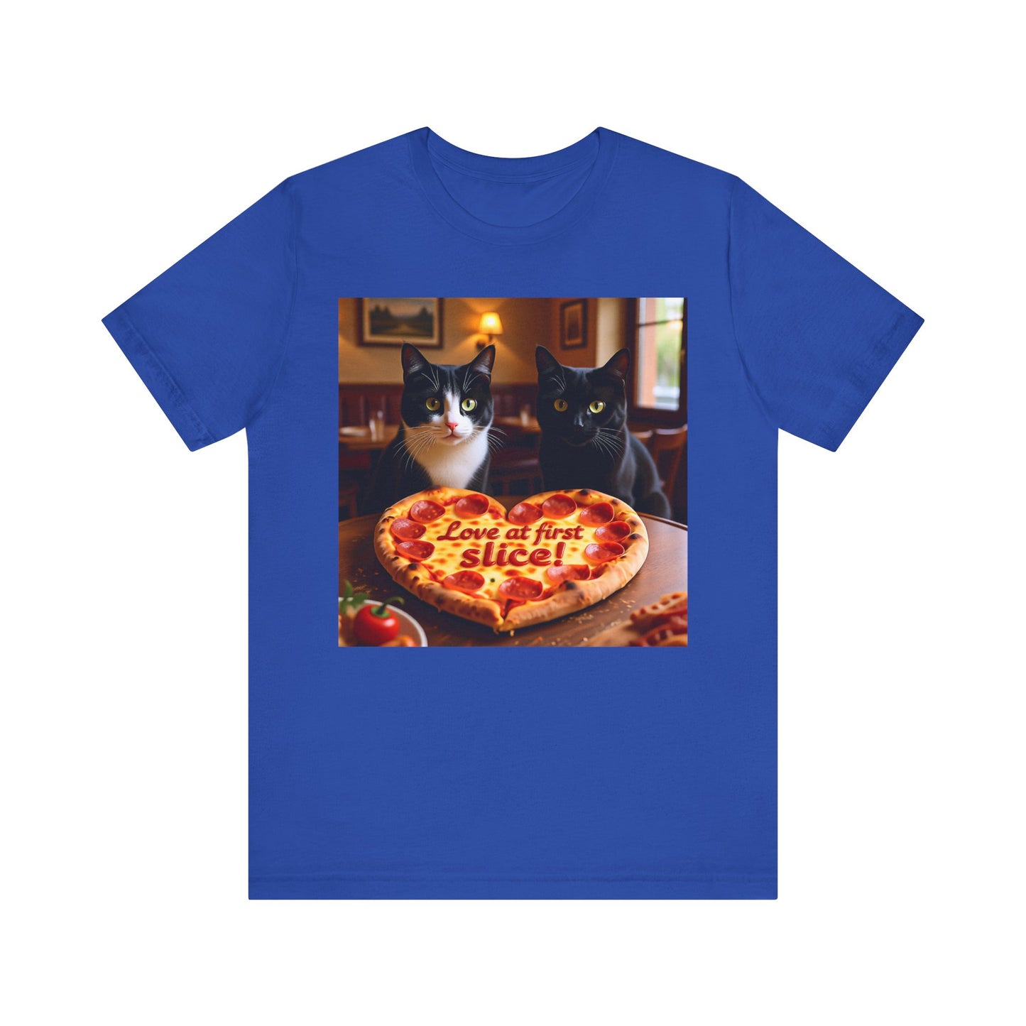 Love At First Slice Cat Pizza Date T-Shirt - Unisex Jersey Short Sleeve Tee - Funny Cat Lover Graphic Shirt
