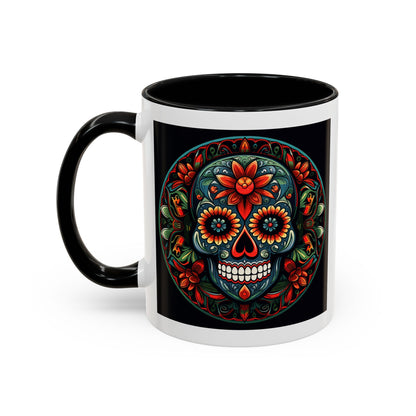 Day of the Dead Mandala Ceramic Coffee Mug (11oz, 15oz) – White Ceramic with Colored Interior & Handle | Glossy Finish & Lead/BPA-Free