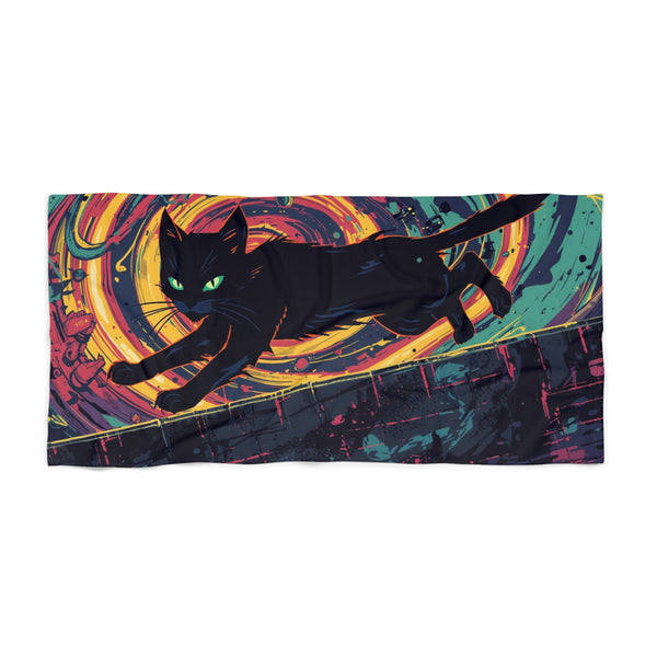 Psychedelic Cat Running Across a Brick Wall Beach Towel – Vibrant Print for Sunny Days