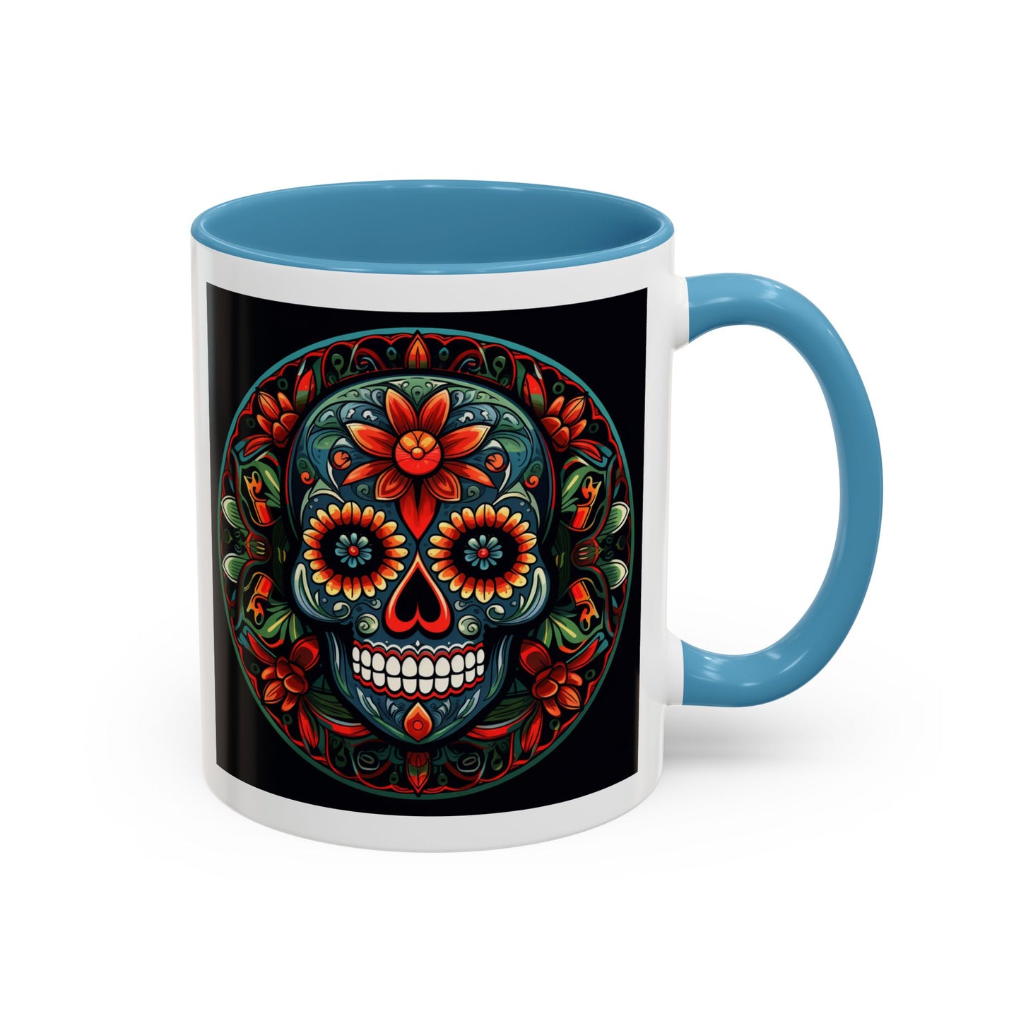 Day of the Dead Mandala Ceramic Coffee Mug (11oz, 15oz) – White Ceramic with Colored Interior & Handle | Glossy Finish & Lead/BPA-Free