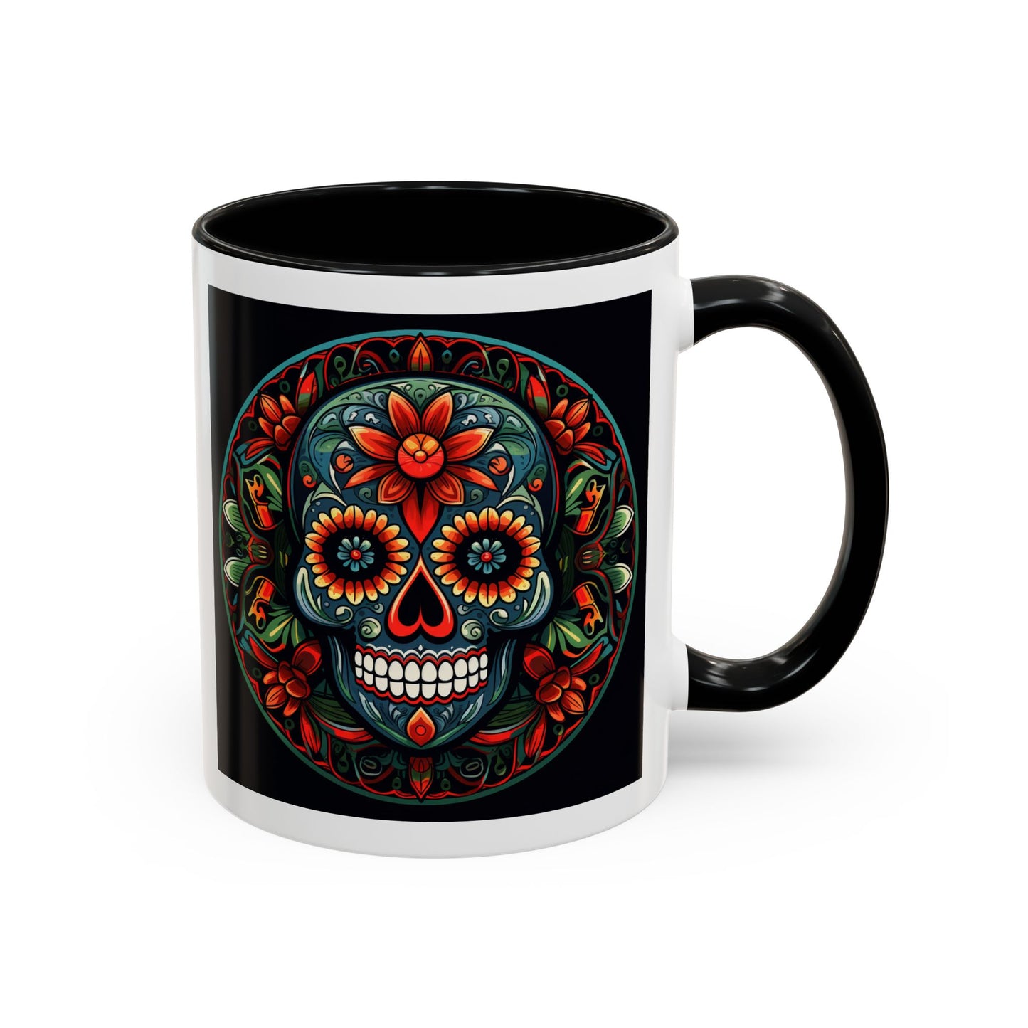 Day of the Dead Mandala Ceramic Coffee Mug (11oz, 15oz) – White Ceramic with Colored Interior & Handle | Glossy Finish & Lead/BPA-Free
