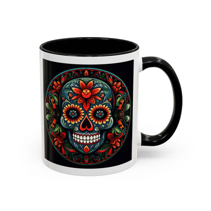 Day of the Dead Mandala Ceramic Coffee Mug (11oz, 15oz) – White Ceramic with Colored Interior & Handle | Glossy Finish & Lead/BPA-Free