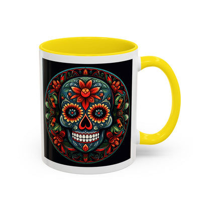 Day of the Dead Mandala Ceramic Coffee Mug (11oz, 15oz) – White Ceramic with Colored Interior & Handle | Glossy Finish & Lead/BPA-Free