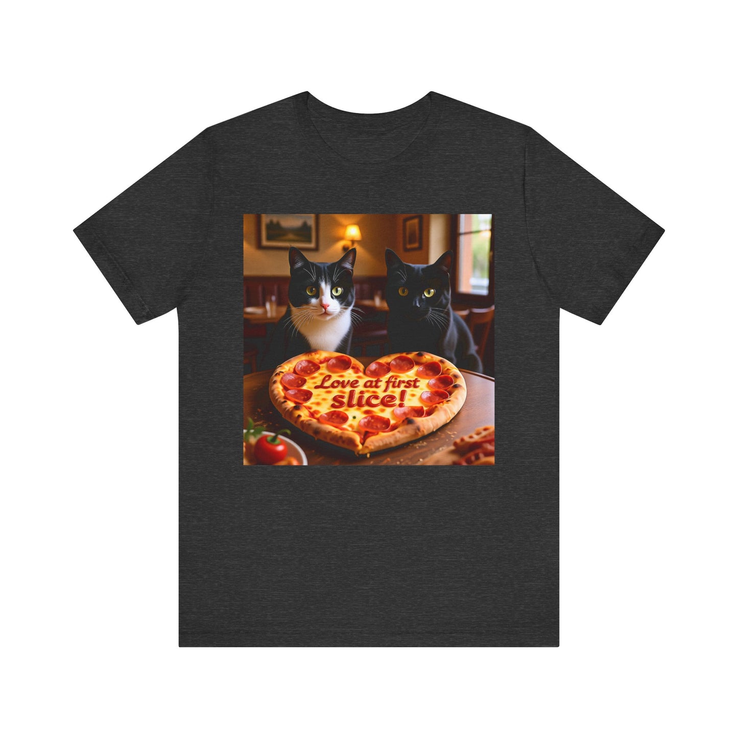 Love At First Slice Cat Pizza Date T-Shirt - Unisex Jersey Short Sleeve Tee - Funny Cat Lover Graphic Shirt