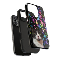 Tuxedo Cat String Blissfully at Bubbles Tough Phone Case – Impact-Resistant Protection for iPhone & Samsung