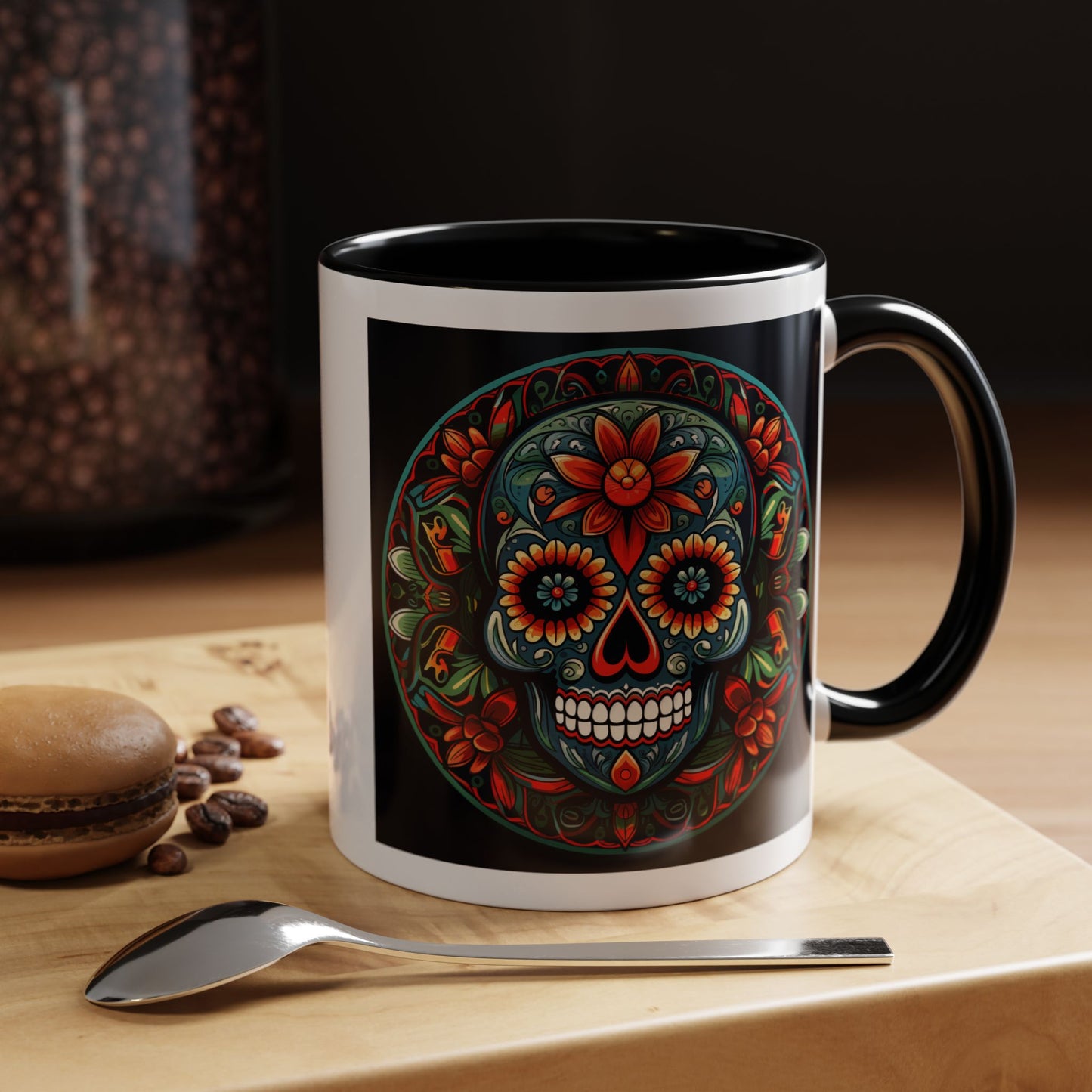 Day of the Dead Mandala Ceramic Coffee Mug (11oz, 15oz) – White Ceramic with Colored Interior & Handle | Glossy Finish & Lead/BPA-Free