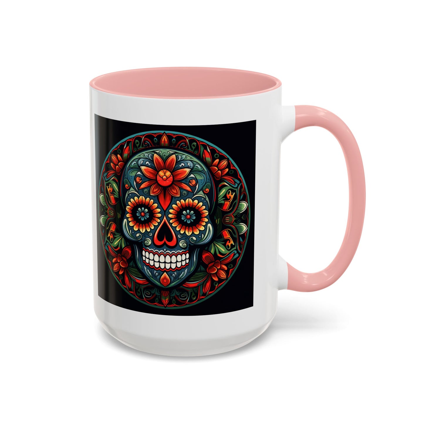 Day of the Dead Mandala Ceramic Coffee Mug (11oz, 15oz) – White Ceramic with Colored Interior & Handle | Glossy Finish & Lead/BPA-Free
