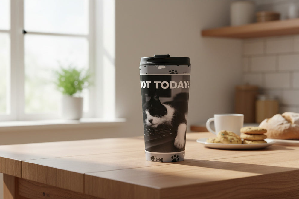 Cat Sleeping on a Keyboard Stainless Steel Travel Mug – Cat Allergic to Mornings