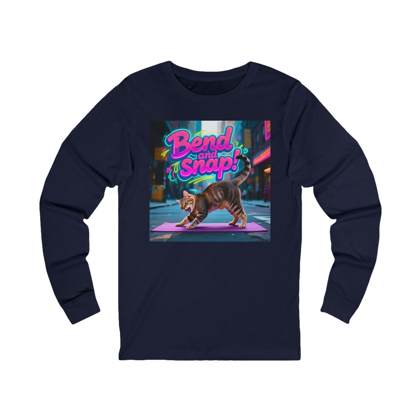 Bend and Snap Cat Yoga Long Sleeve T-Shirt - Unisex Jersey Tee - Funny Yoga Cat Graphic Shirt