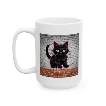 Black Cat Graffiti on Brick Wall Ceramic Mug - 11oz & 15oz | Custom Design Coffee Mug