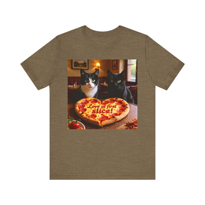 Love At First Slice Cat Pizza Date T-Shirt - Unisex Jersey Short Sleeve Tee - Funny Cat Lover Graphic Shirt