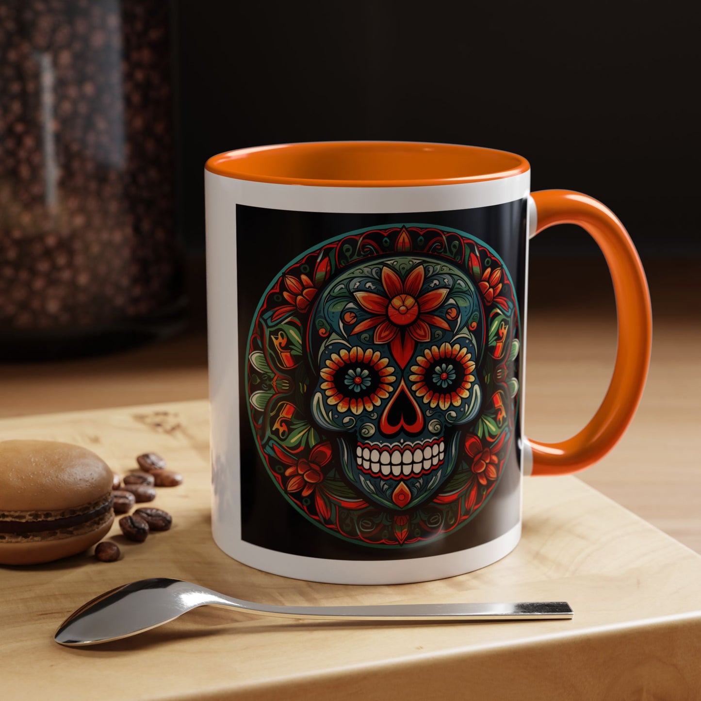 Day of the Dead Mandala Ceramic Coffee Mug (11oz, 15oz) – White Ceramic with Colored Interior & Handle | Glossy Finish & Lead/BPA-Free