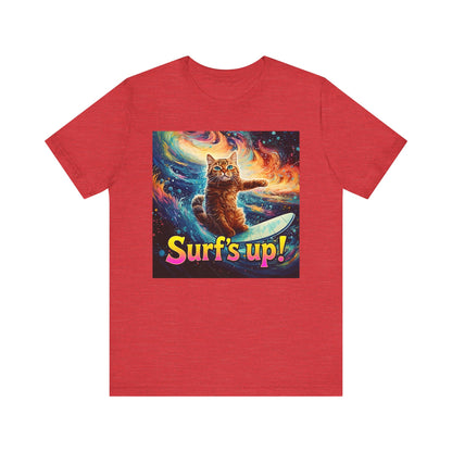 Surf's Up Cat Surfboard T-Shirt - Unisex Jersey Short Sleeve Tee - Funny Surfing Cat Graphic Shirt