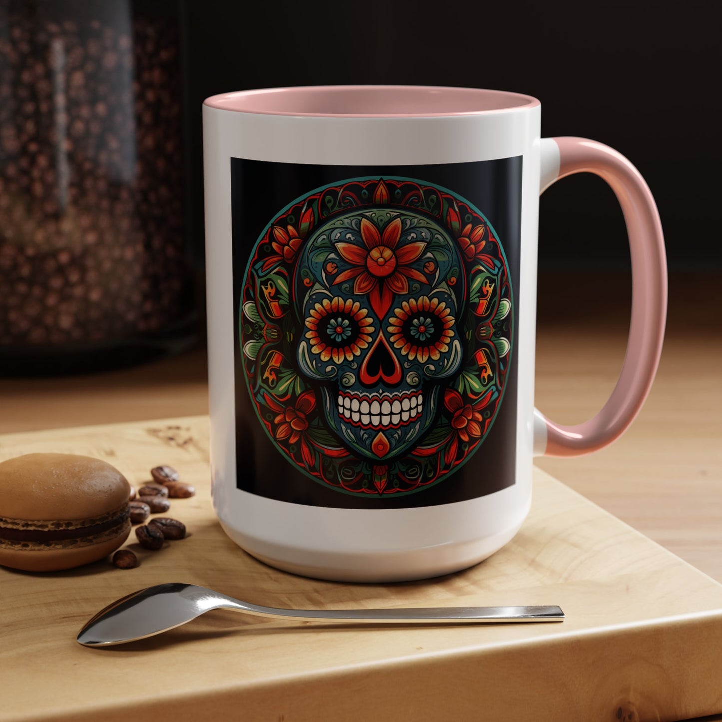 Day of the Dead Mandala Ceramic Coffee Mug (11oz, 15oz) – White Ceramic with Colored Interior & Handle | Glossy Finish & Lead/BPA-Free