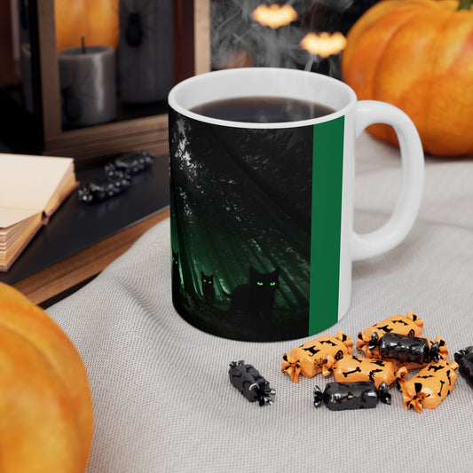 Group of Cats Walking Through the Woods Accent Coffee Mug (11oz, 15oz) – White Ceramic with Colored Interior & Handle | Glossy Finish & Lead/BPA-Free