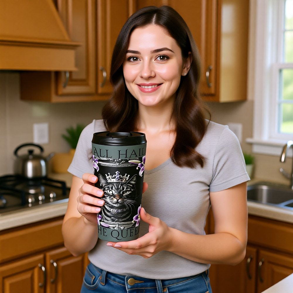 All Hail The Queen Royal Cat Pose Stainless Steel Travel Mug – Luxurious Design for Coffee & Tea Lovers