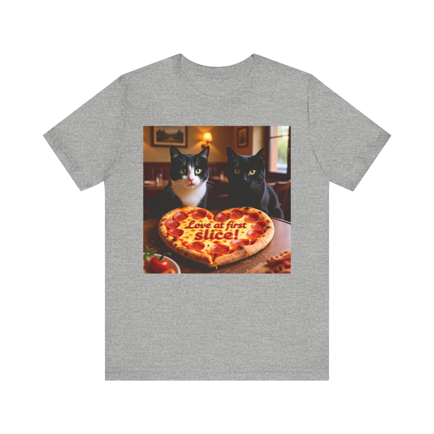 Love At First Slice Cat Pizza Date T-Shirt - Unisex Jersey Short Sleeve Tee - Funny Cat Lover Graphic Shirt