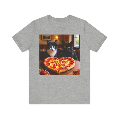 Love At First Slice Cat Pizza Date T-Shirt - Unisex Jersey Short Sleeve Tee - Funny Cat Lover Graphic Shirt