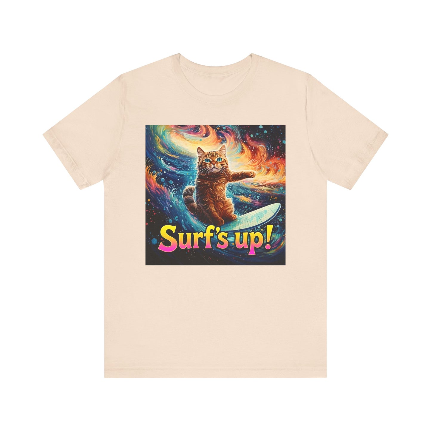Surf's Up Cat Surfboard T-Shirt - Unisex Jersey Short Sleeve Tee - Funny Surfing Cat Graphic Shirt