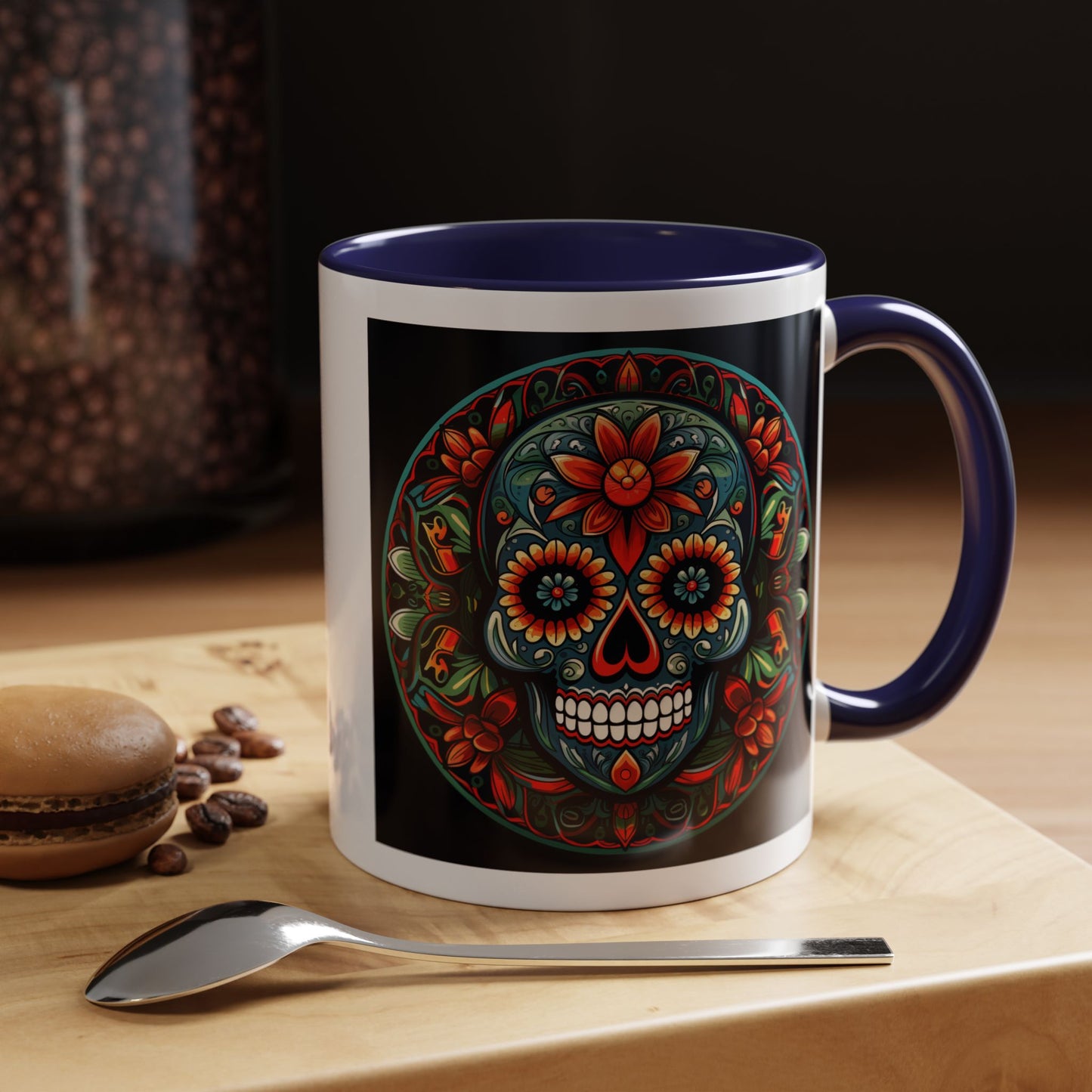 Day of the Dead Mandala Ceramic Coffee Mug (11oz, 15oz) – White Ceramic with Colored Interior & Handle | Glossy Finish & Lead/BPA-Free