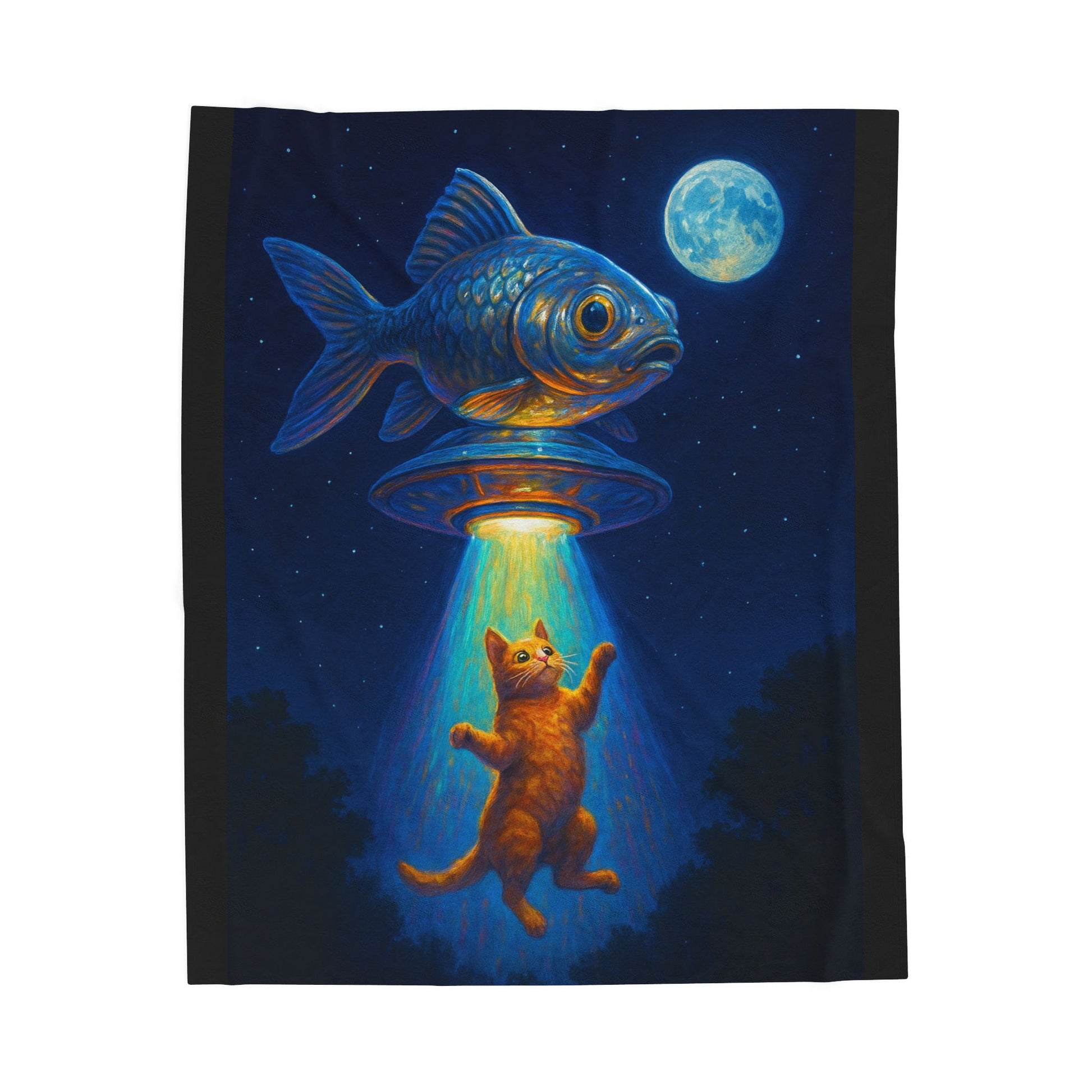 Fleece blanket with a design of a cat looking at a fish in a UFO under a moonlit sky.